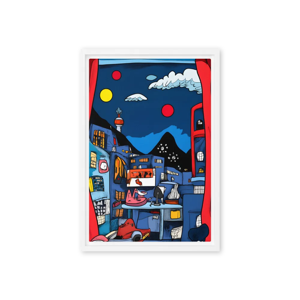 Whimsical Cityscape at Night | Canvas with White Frame | 12″×18″