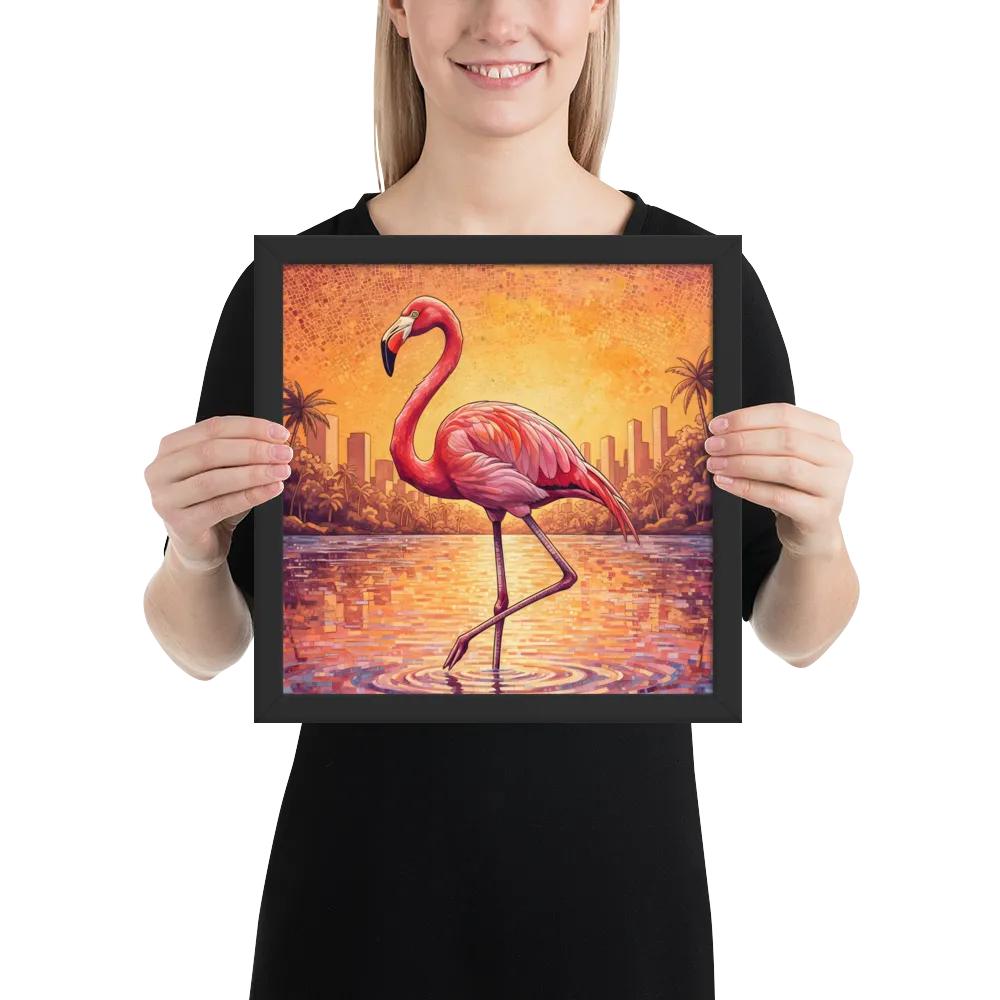 Sunset Mosaic Flamingo 
 Poster with Black Frame | 12″x 12″