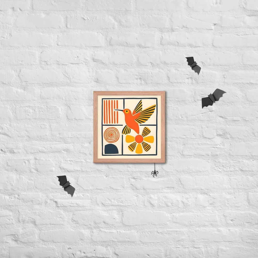 Hummingbird & Flower Panel 
 Poster with Red oak Frame | 14″x 14″