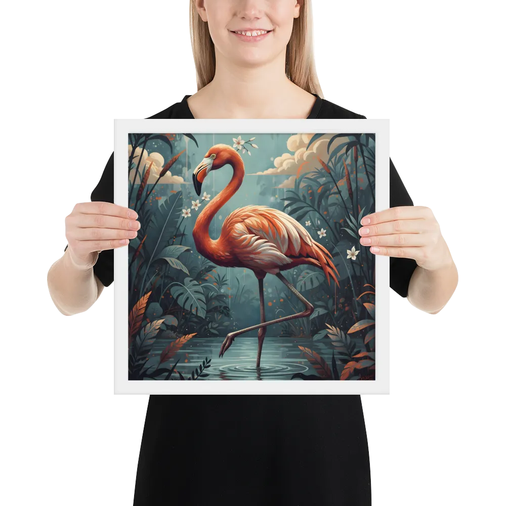 Twilight Flamingo 
 Poster with White Frame | 14″x 14″