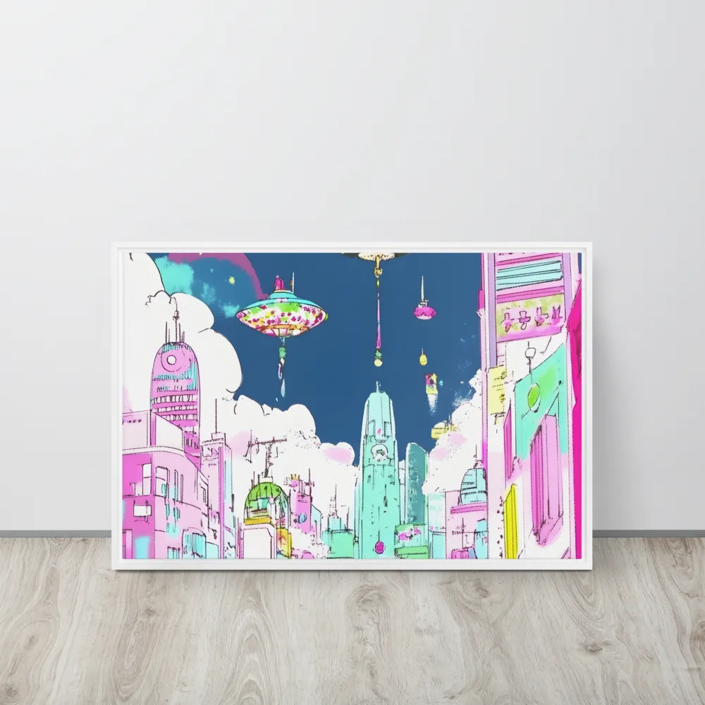 Futuristic Cityscape with Floating Structures | Canvas with White Frame | 20″×30″