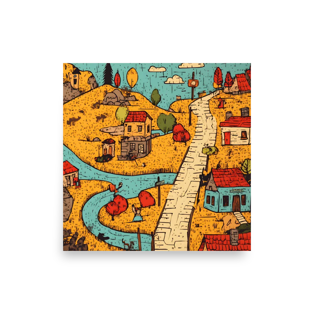 Whimsical Village Landscape | Poster | 14″×14″