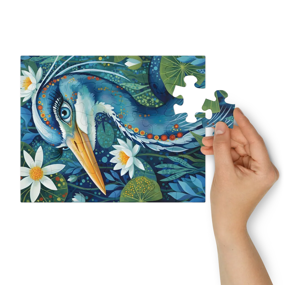 Heron Among Water Lilies 
 Jigsaw Puzzle in Tin Box