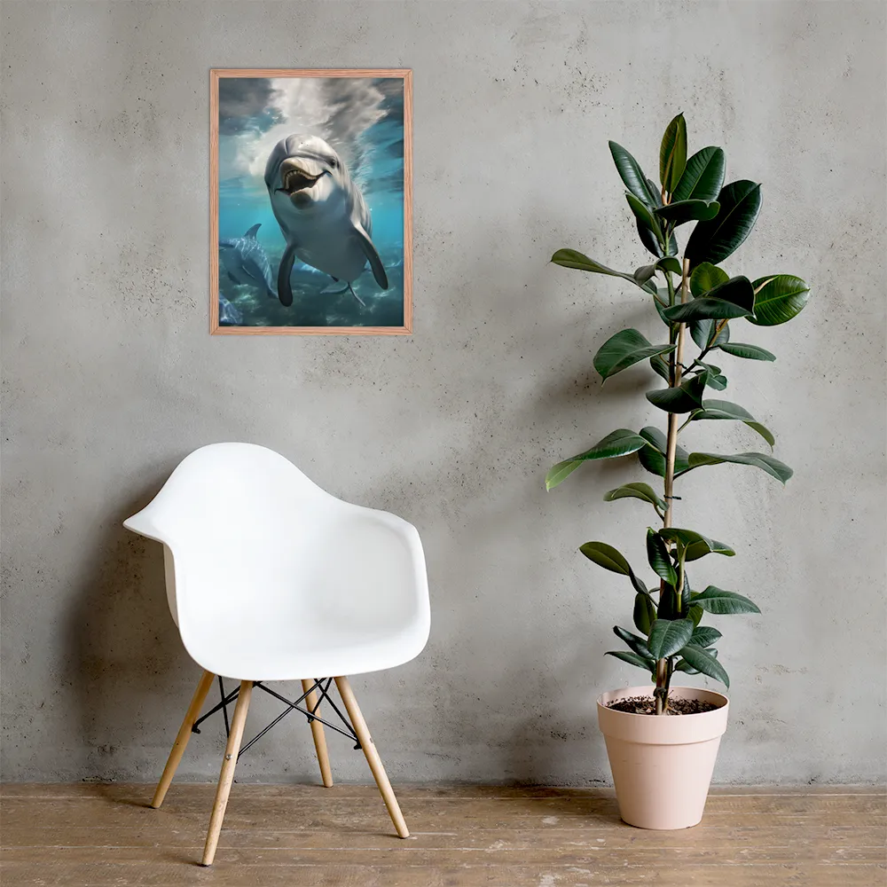Beneath the Waves: A Dolphin's Dance | Poster with Red oak Frame | 18″×24″