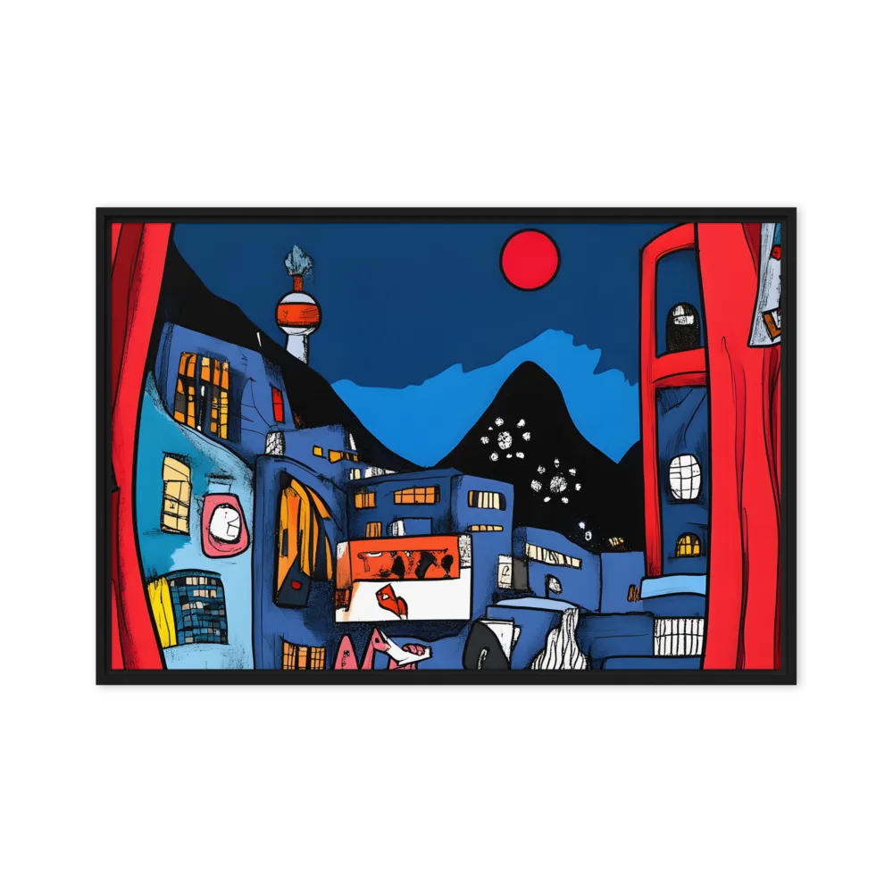 Whimsical Cityscape at Night | Canvas with Black Frame | 24″×36″