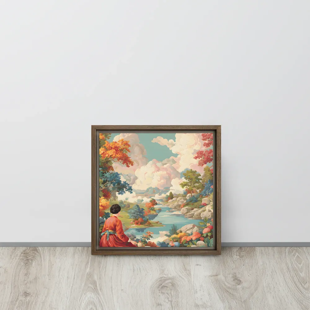 River Garden Reverie 
 Canvas with Brown Frame | 12″x 12″