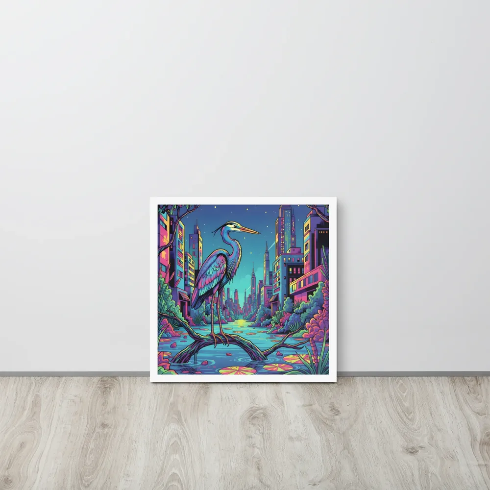 Neon Heron - Urban Twilight 
 Poster with White Frame | 18″x 18″