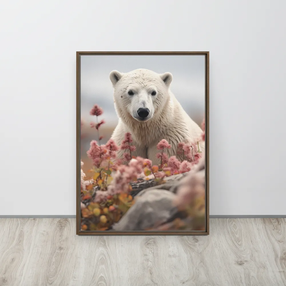 Curiosity Among Blooms: The Polar Bear | Canvas with Brown Frame | 20″×28″