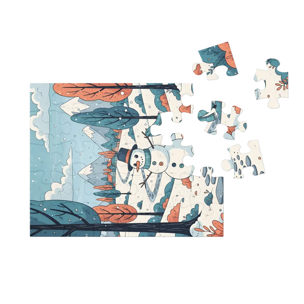 Snowman in Winter Village 
 Jigsaw Puzzle in Tin Box