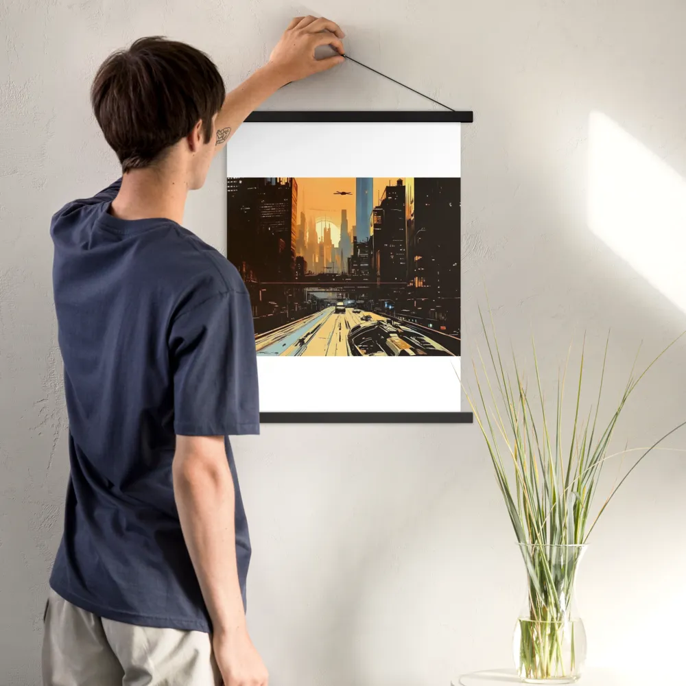 Metro Nexus: A Futuristic Cityscape | Poster With Black Wood Hanger | 18″×24″