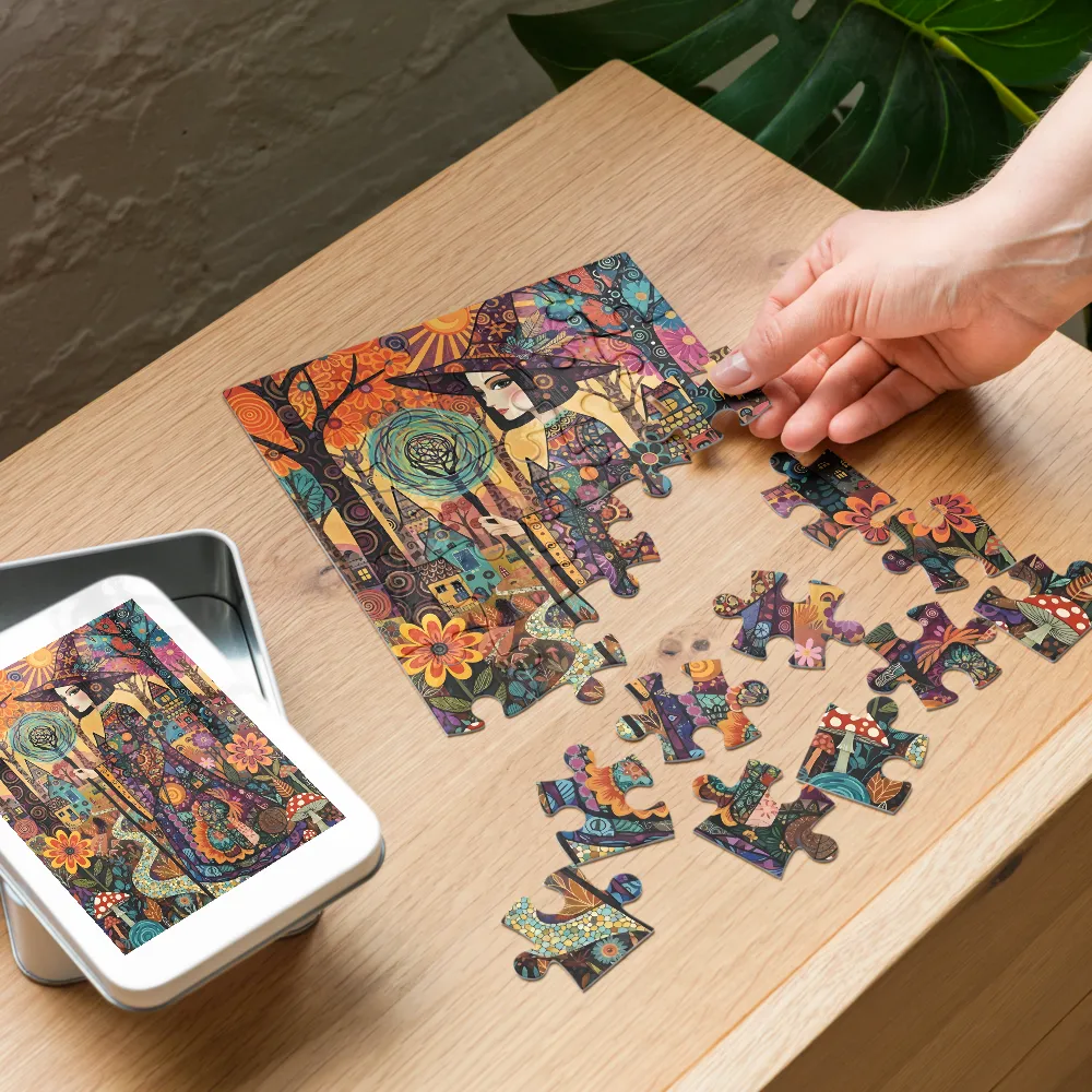 Mosaic Forest Witch 
 Jigsaw Puzzle in Tin Box