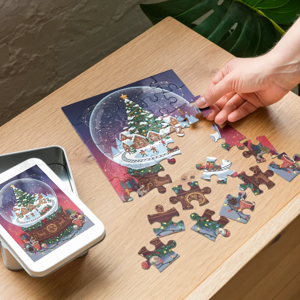 Christmas Village Snow Globe 
 Jigsaw Puzzle in Tin Box