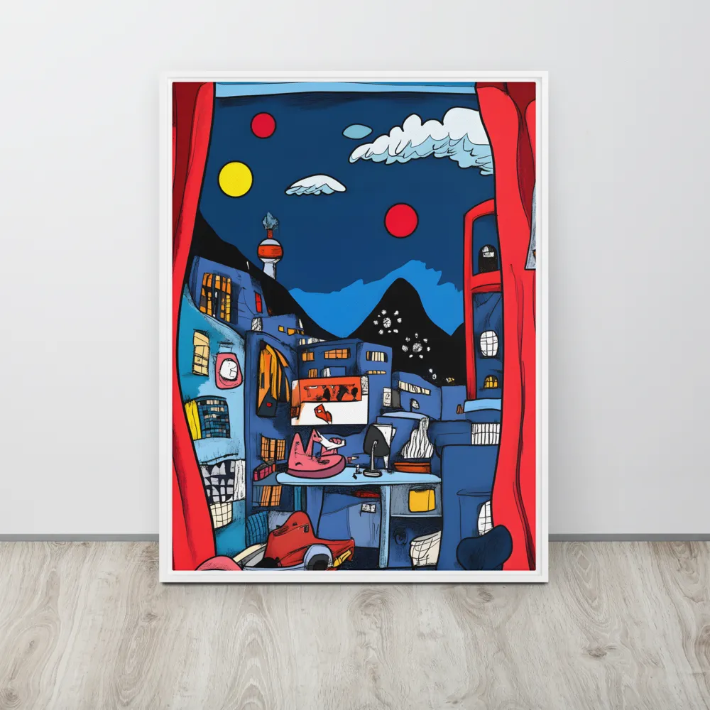Whimsical Cityscape at Night | Canvas with White Frame | 24″×32″