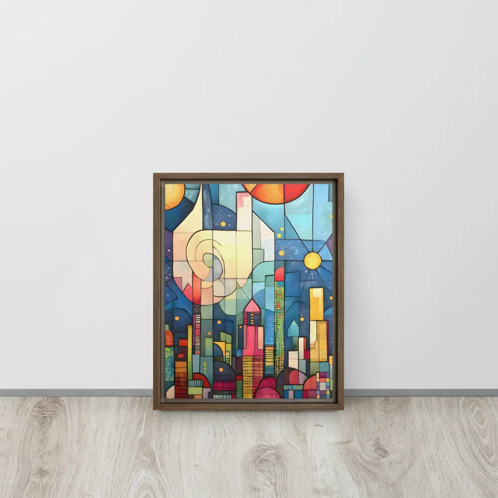 Geometric Harmony: A Vibrant Cityscape | Canvas with Brown Frame | 11″×14″