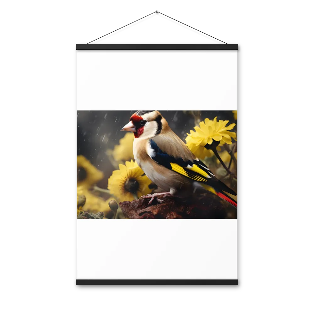 Harmony in Nature: A Goldfinch Amidst Blooms | Poster With Black Wood Hanger | 24″×36″