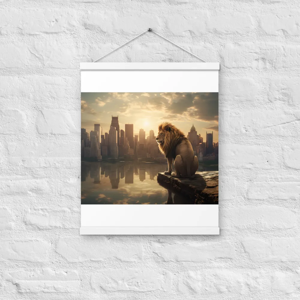 The Lion's Gaze Over the Urban Symphony | Poster With White Wood Hanger | 16″×20″