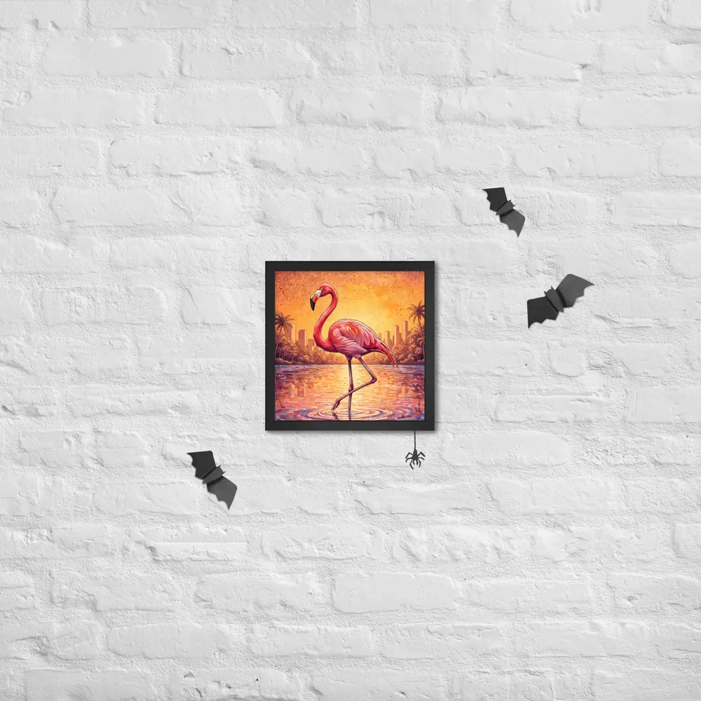 Sunset Mosaic Flamingo 
 Poster with Black Frame | 12″x 12″