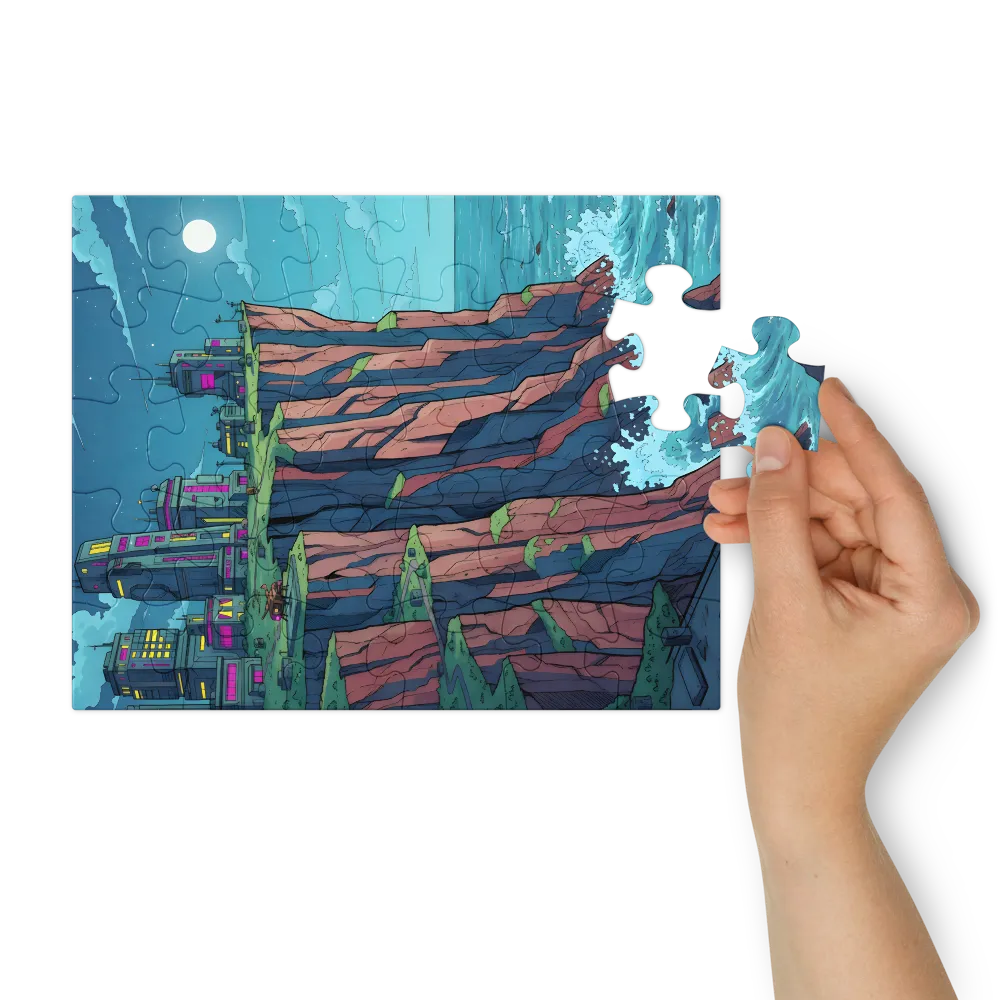 Moonlit Cliff City 
 Jigsaw Puzzle in Tin Box