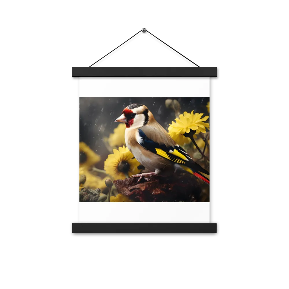 Harmony in Nature: A Goldfinch Amidst Blooms | Poster With Black Wood Hanger | 11″×14″