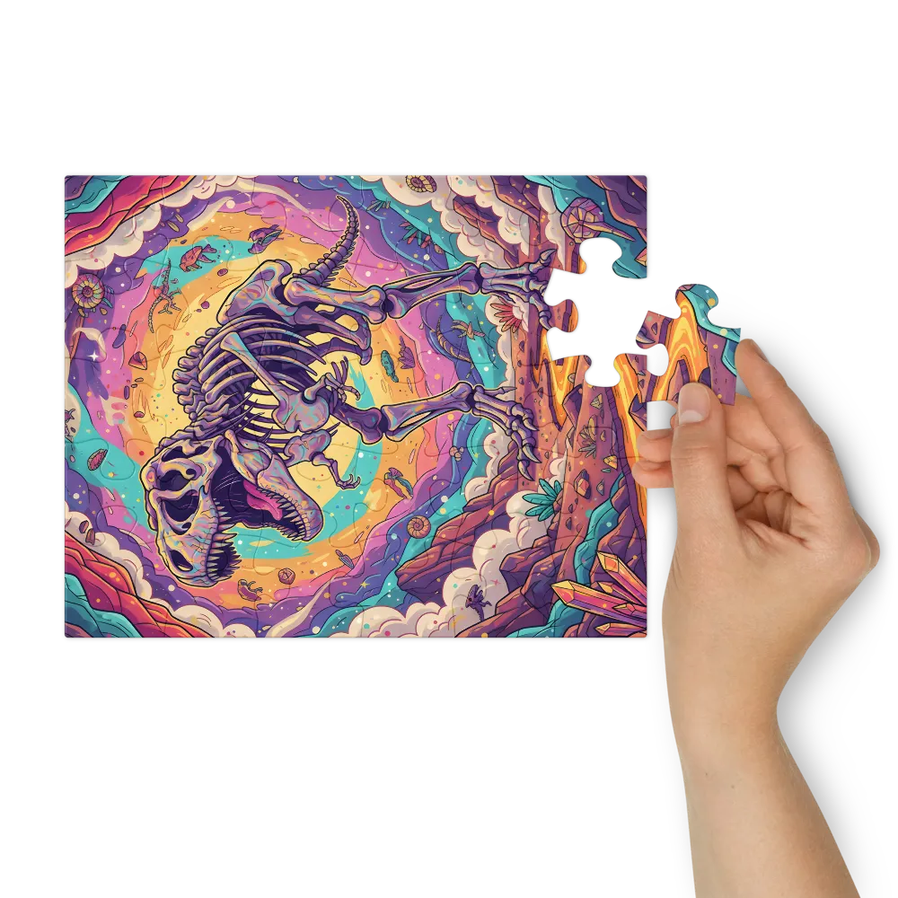Psychedelic T. rex Skeleton 
 Jigsaw Puzzle in Tin Box