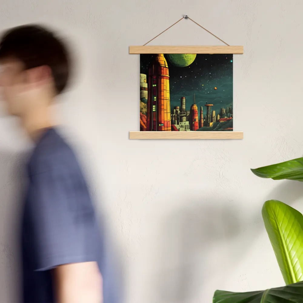 Cosmic Cityscape | Poster With Oak Wood Hanger | 10″×10″