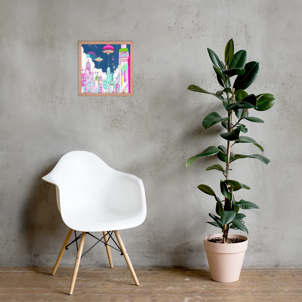 Futuristic Cityscape with Floating Structures | Poster with Red oak Frame | 14″×14″