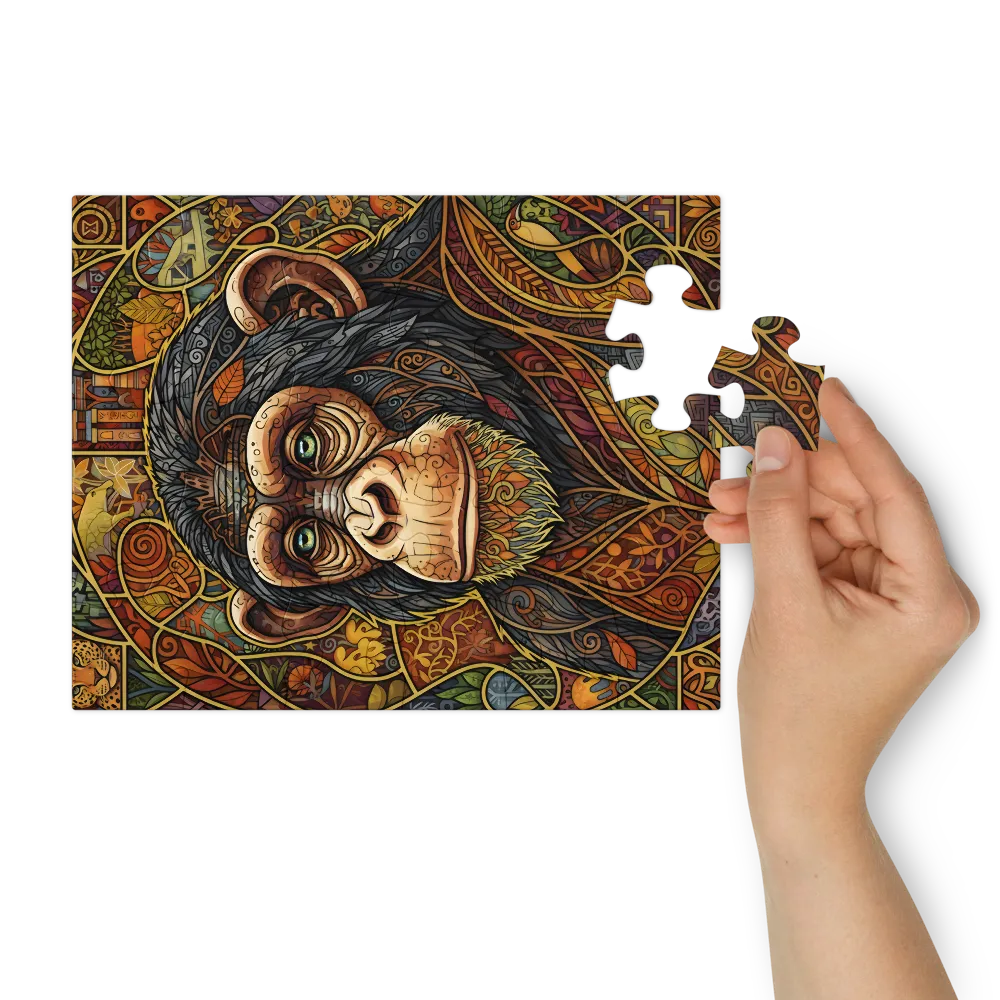Stained-Glass Chimpanzee 
 Jigsaw Puzzle in Tin Box