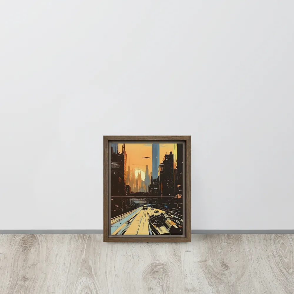 Metro Nexus: A Futuristic Cityscape | Canvas with Brown Frame | 8″×10″