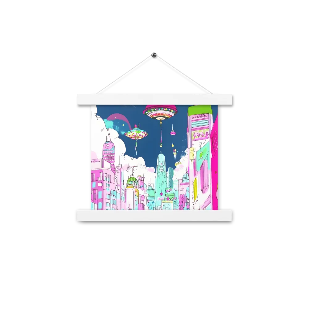 Futuristic Cityscape with Floating Structures | Poster With White Wood Hanger | 10″×10″