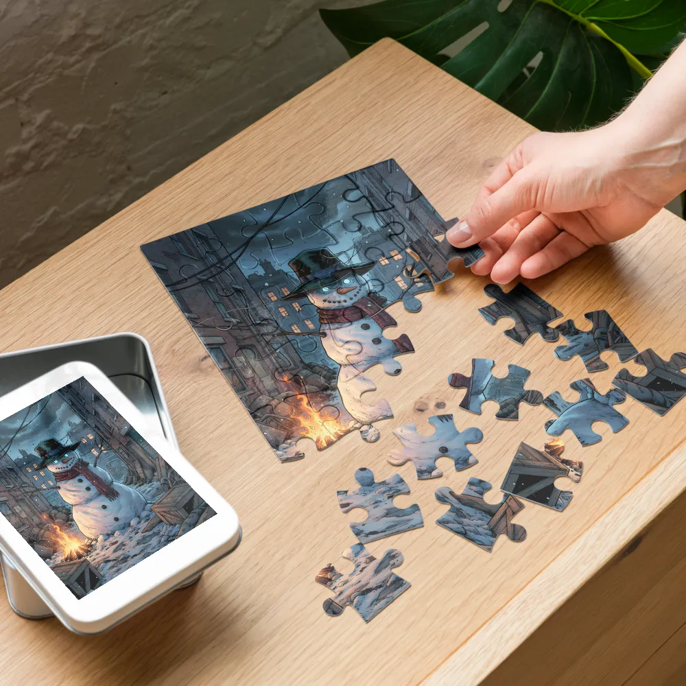The Watchful Snowman 
 Jigsaw Puzzle in Tin Box