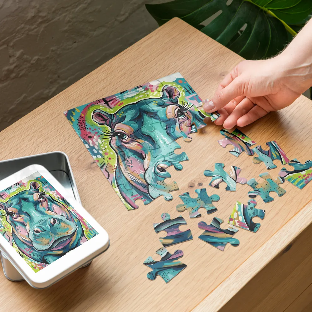 Playful Teal Hippo 
 Jigsaw Puzzle in Tin Box