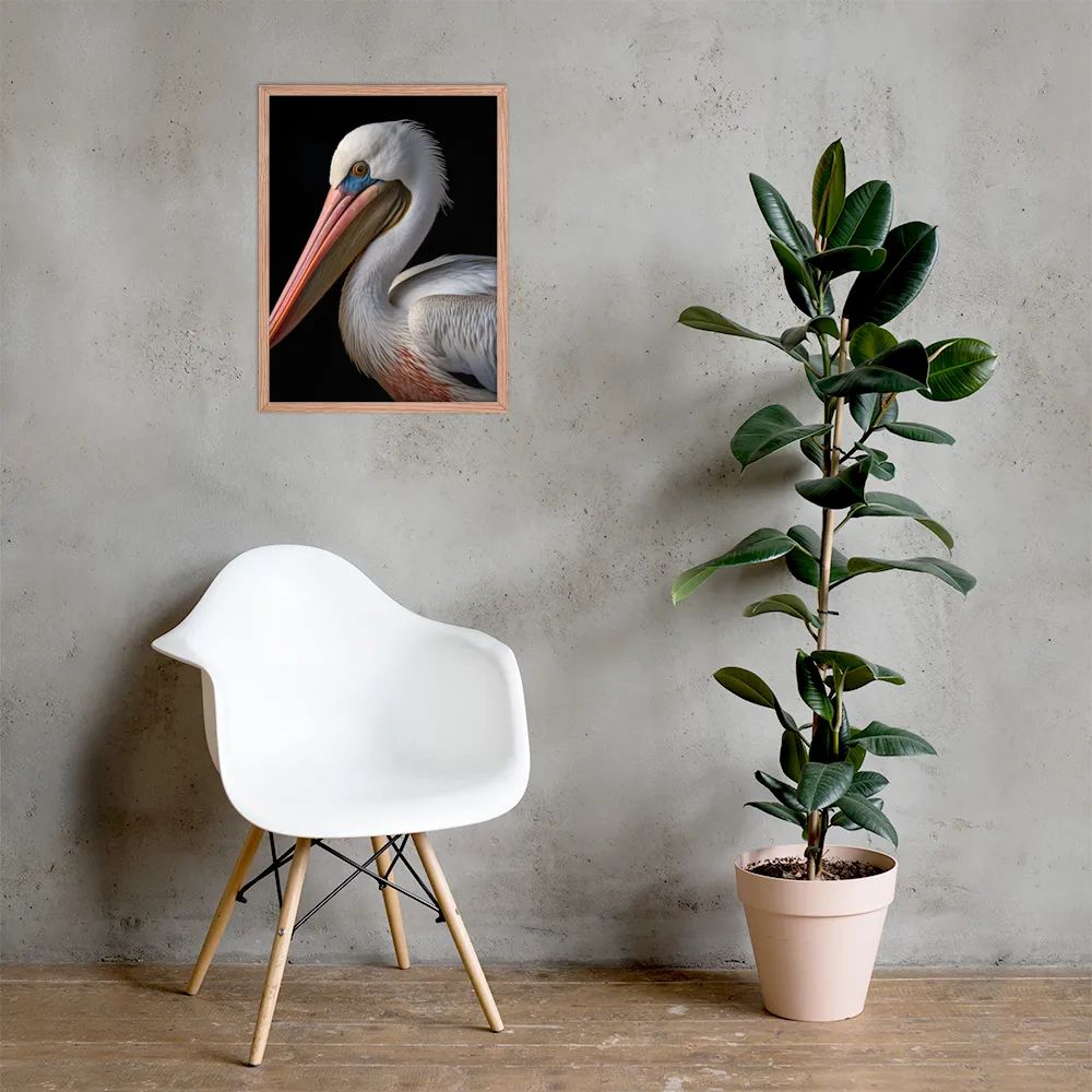 Elegance in White: The Pelican | Poster with Red oak Frame | 18″×24″