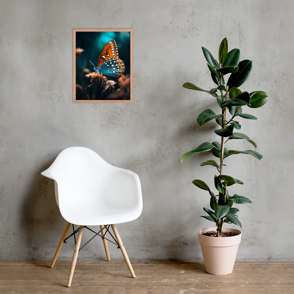 Whispers of Color: The Butterfly's Embrace | Poster with Red oak Frame | 16″×20″