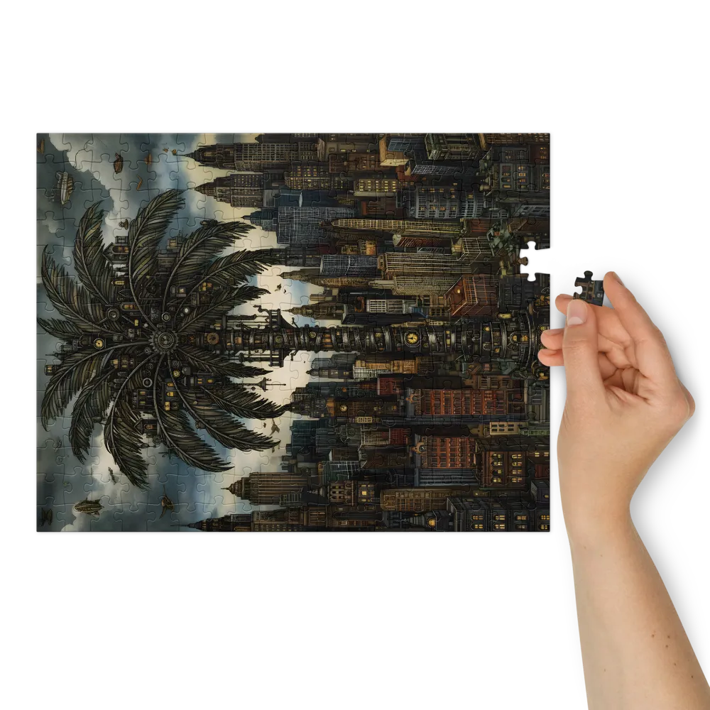 Clockwork Palm Over Metropolis 
 Jigsaw Puzzle in Tin Box