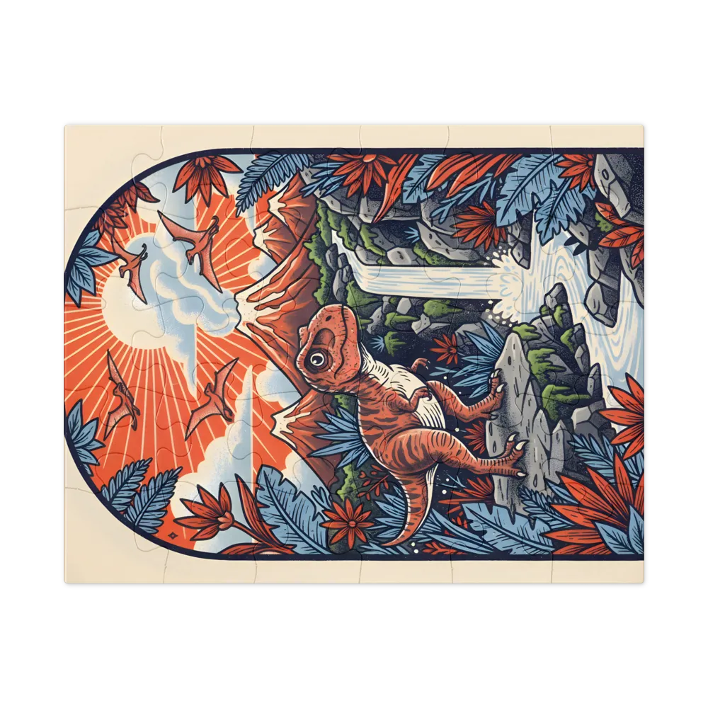 Young T. Rex at the Waterfall 
 Jigsaw Puzzle in Tin Box