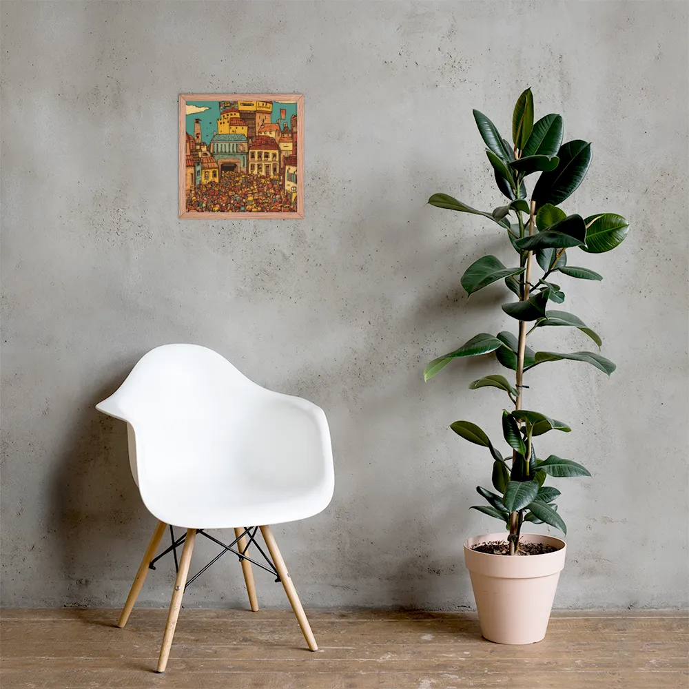 The Quirky City Gathering | Poster with Red oak Frame | 14″×14″
