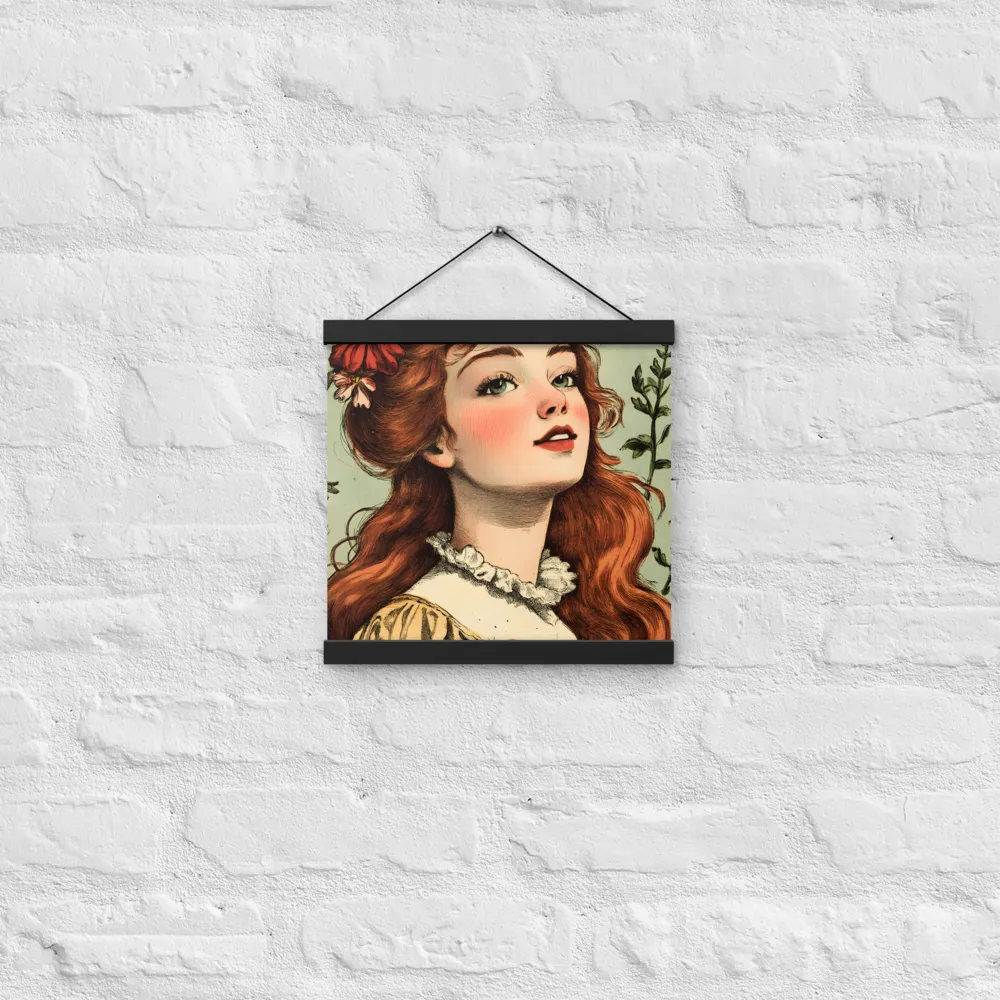 Whimsical Portrait of a Flower-Adorned Girl | Poster With Black Wood Hanger | 12″×12″
