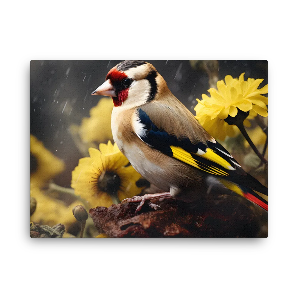 Harmony in Nature: A Goldfinch Amidst Blooms | Thin Canvas | 18″×24″