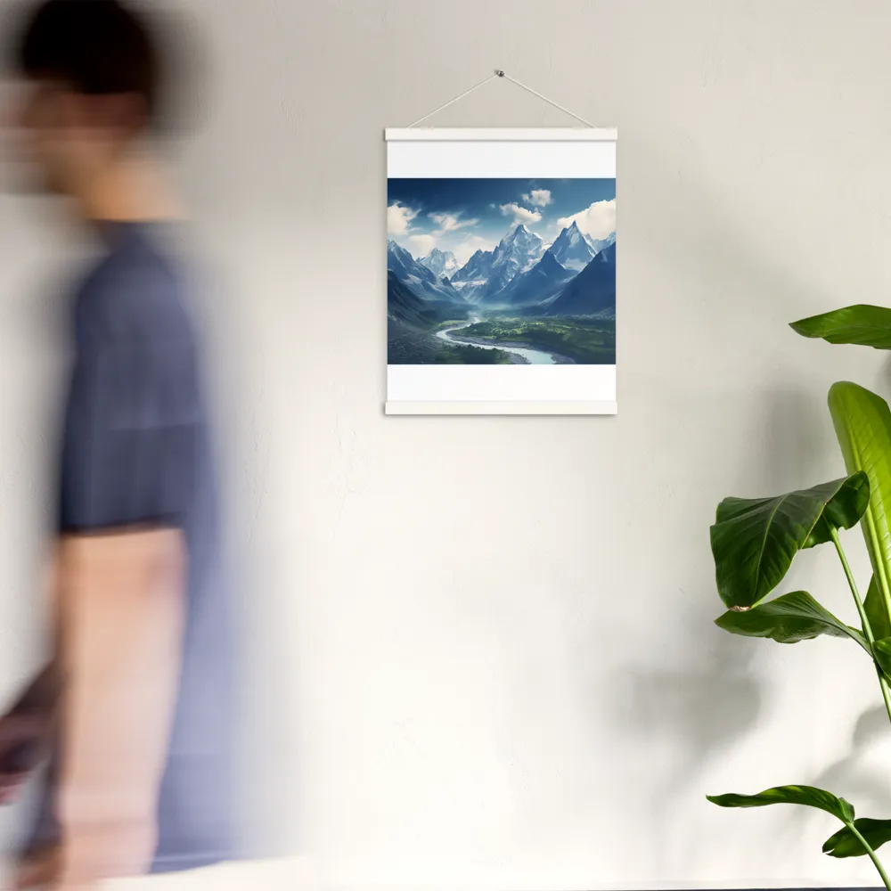 Majestic Serenity: A Landscape of Mountains and Rivers | Poster With White Wood Hanger | 16″×20″