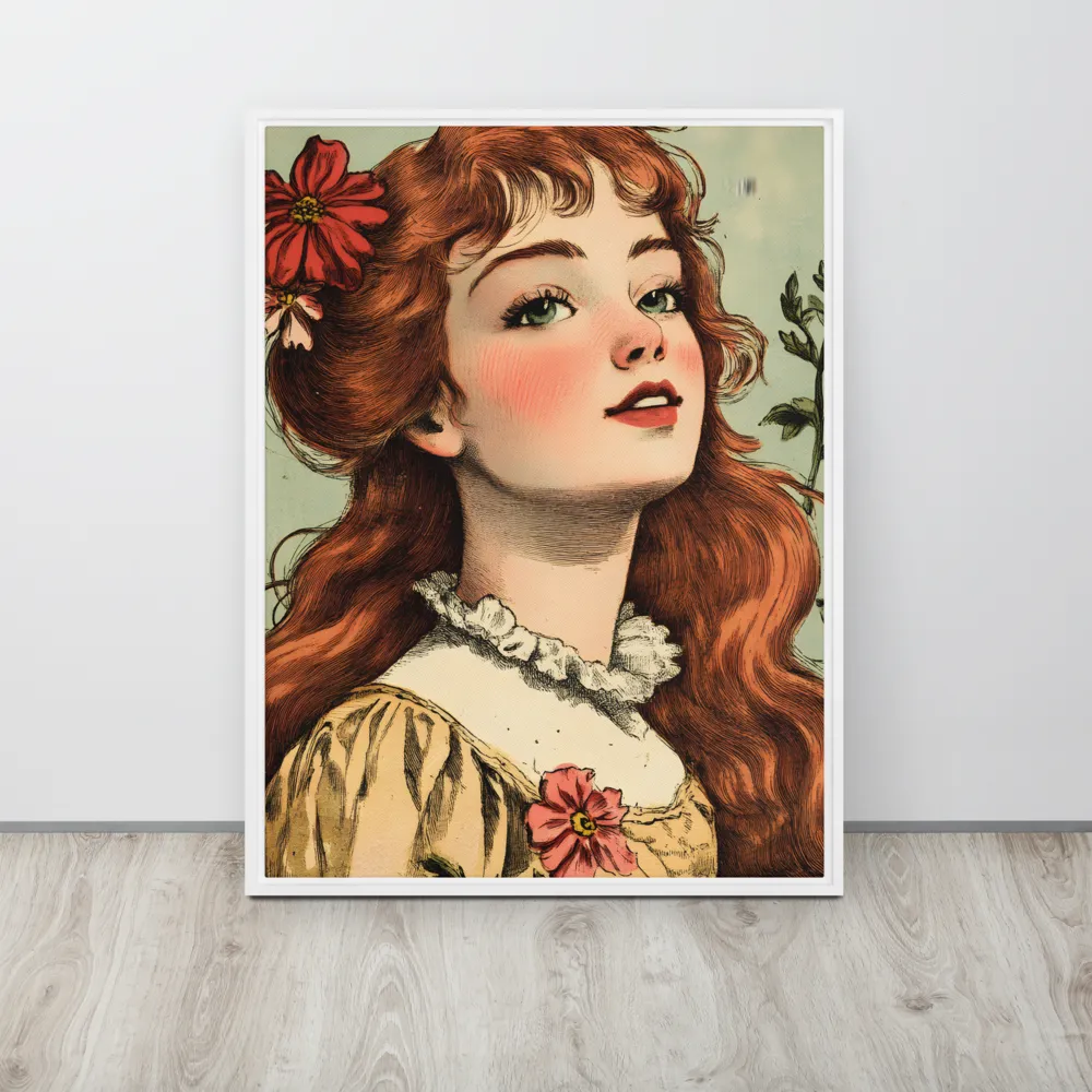 Whimsical Portrait of a Flower-Adorned Girl | Canvas with White Frame | 24″×32″
