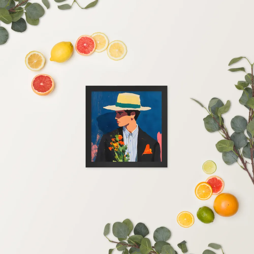 Portrait with Hat and Flowers 
 Poster with Black Frame | 10″x 10″