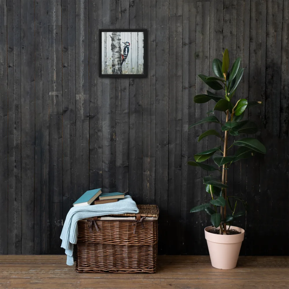 Woodpecker on Birch 
 Canvas with Black Frame | 12″x 12″