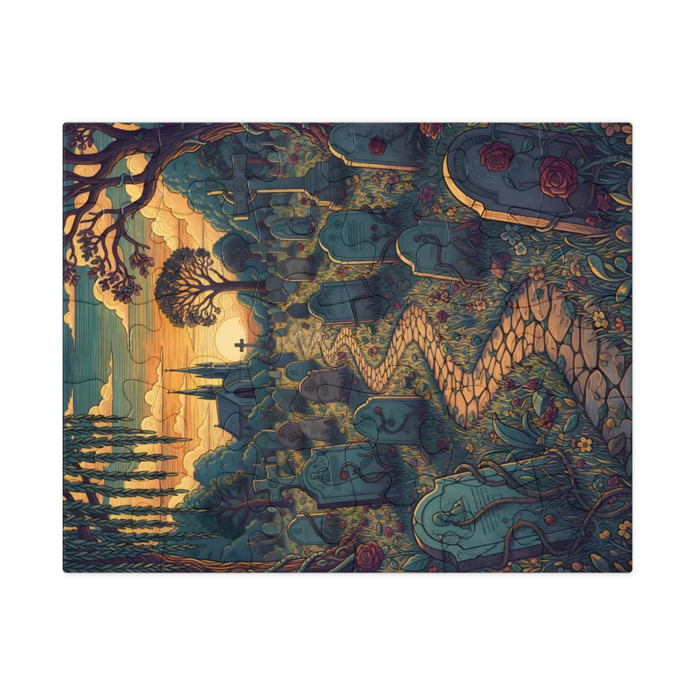 Sunset Graveyard Illustration 
 Jigsaw Puzzle in Tin Box