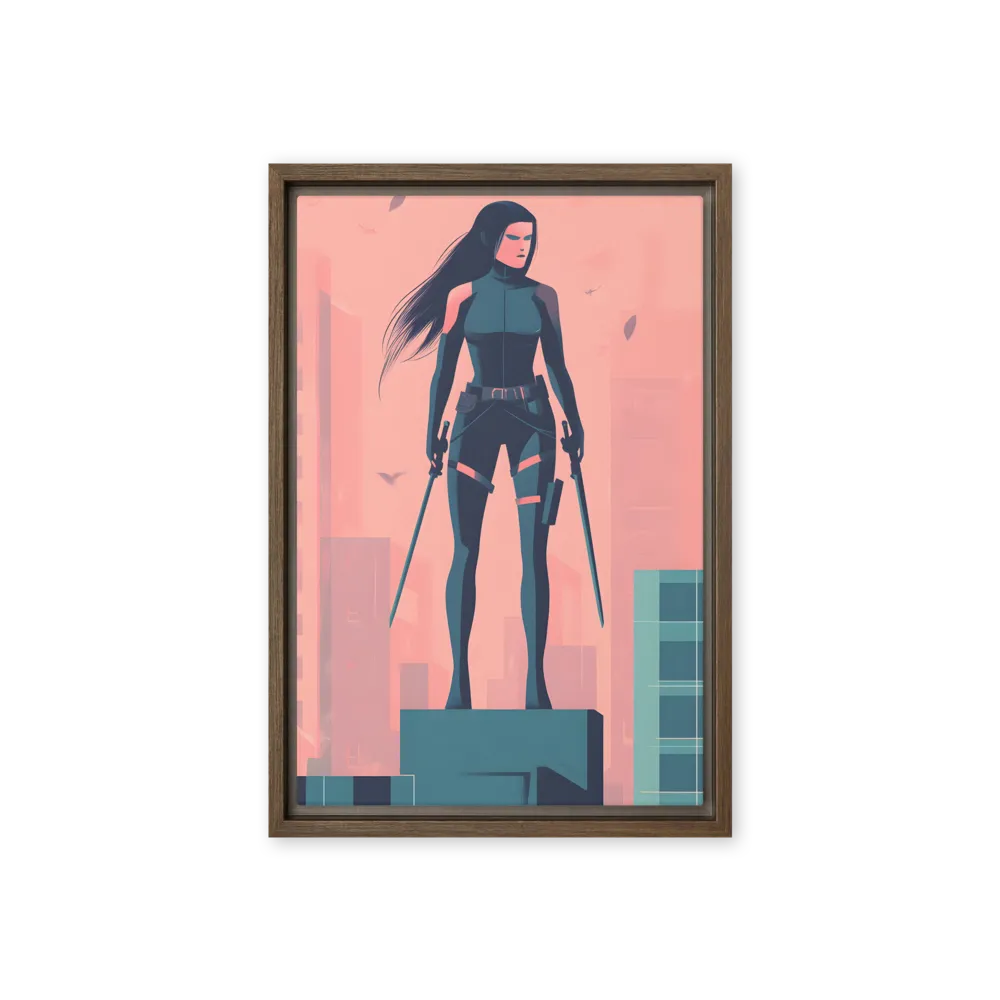 Urban Sentinel: A Warrior's Stand | Canvas with Brown Frame | 12″×18″