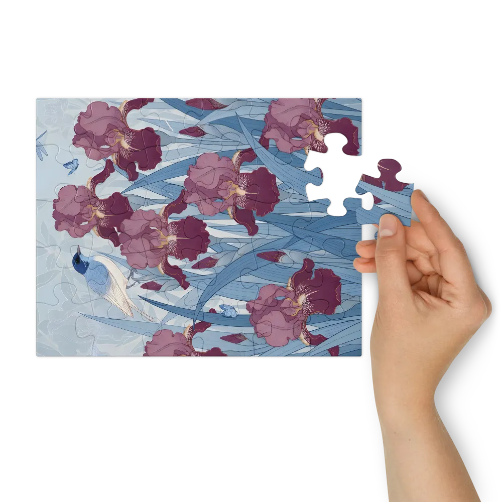 Bluebird Among Irises 
 Jigsaw Puzzle in Tin Box