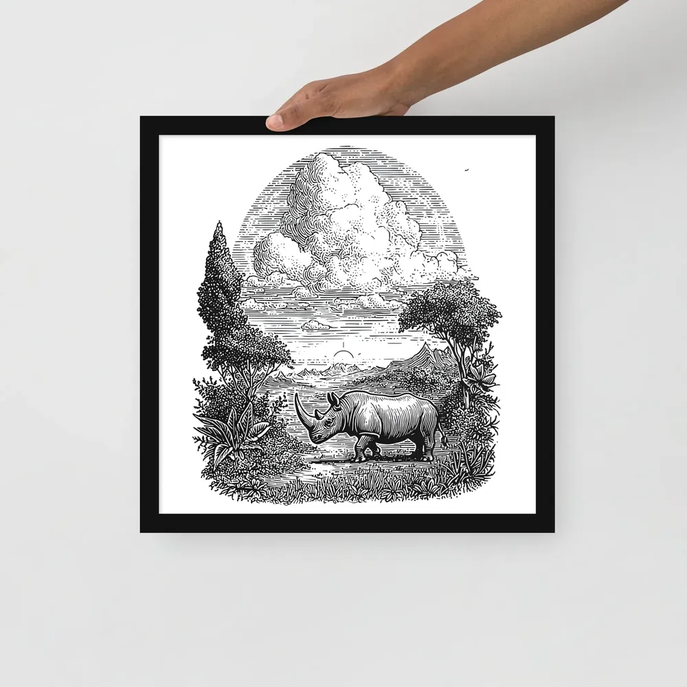 Rhinoceros Engraving 
 Poster with Black Frame | 16″x 16″
