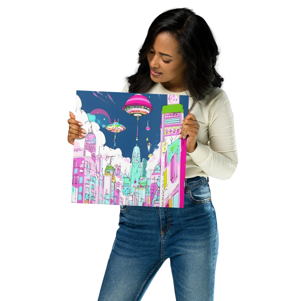 Futuristic Cityscape with Floating Structures | Metal Print | 12″×12″