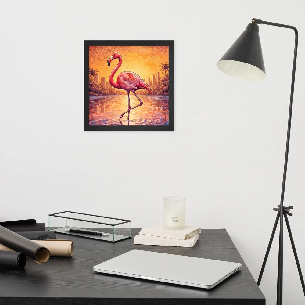 Sunset Mosaic Flamingo 
 Poster with Black Frame | 12″x 12″