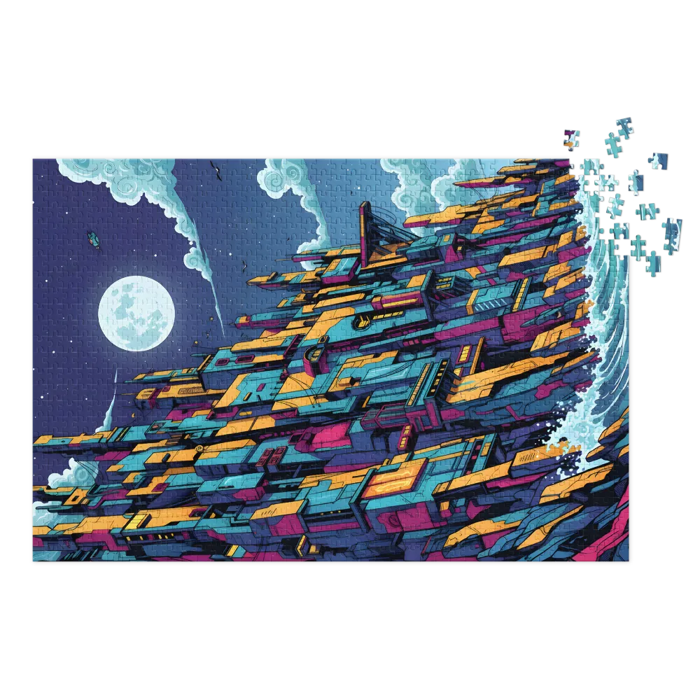 Moonlit Neon City 
 Jigsaw Puzzle in Tin Box