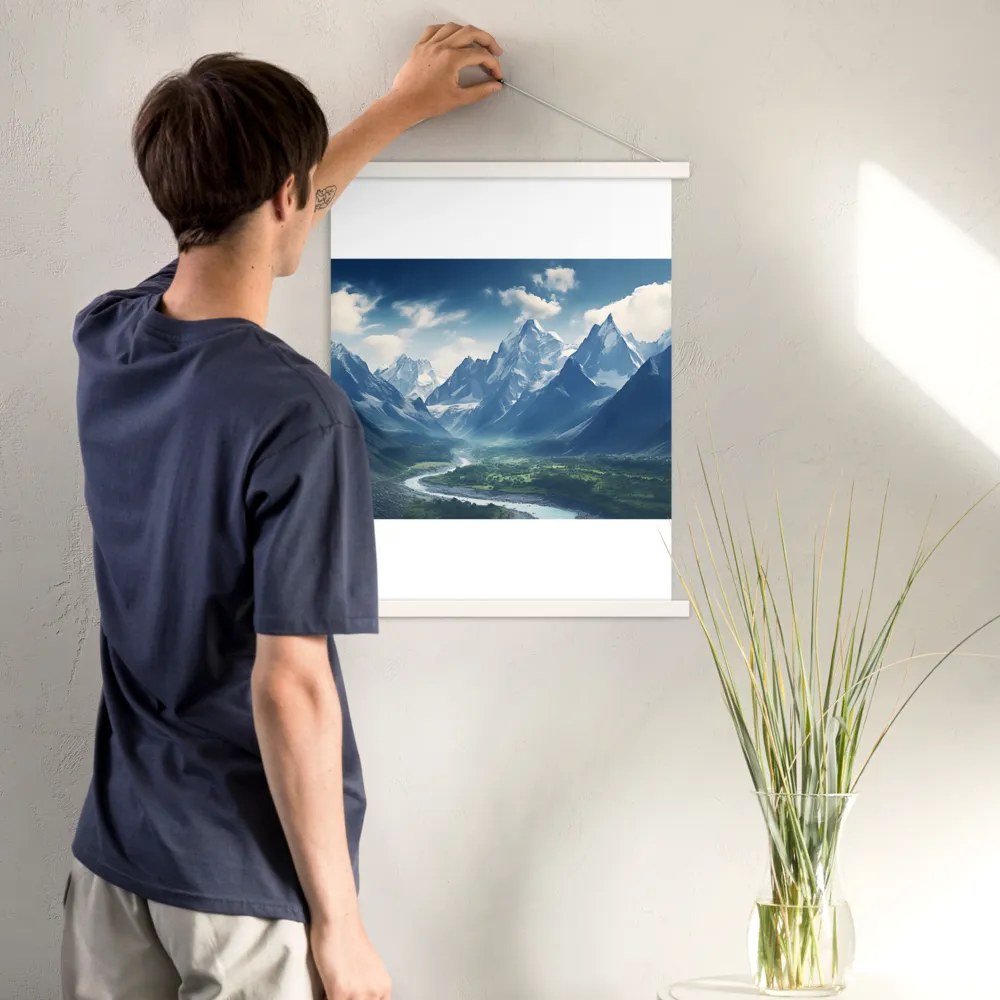Majestic Serenity: A Landscape of Mountains and Rivers | Poster With White Wood Hanger | 18″×24″